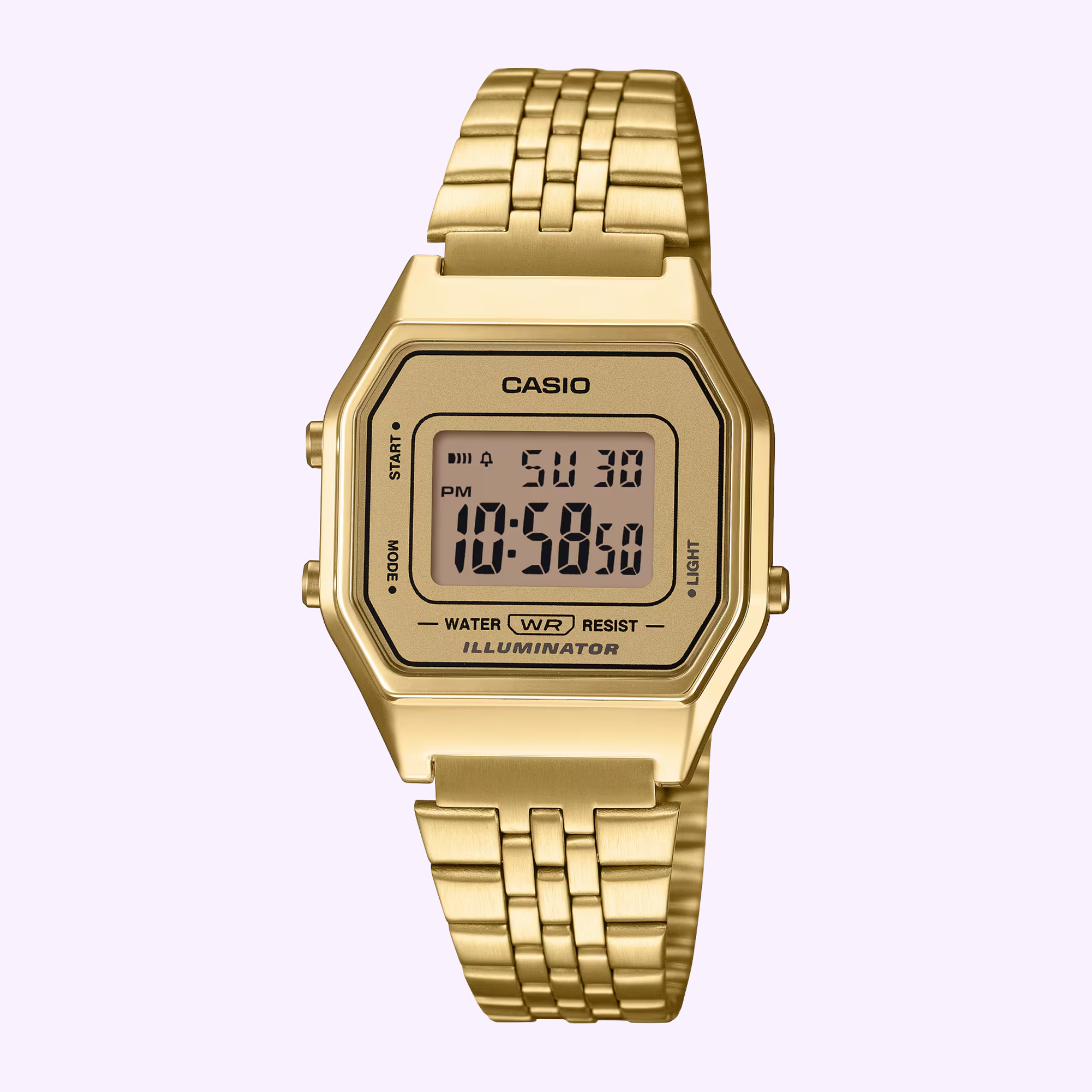 The G-Shock Watches CASIO VINTAGE LA680WGA-9VT is a gold digital wristwatch with a rectangular face, metal link band, and digital display for time, date, and more.