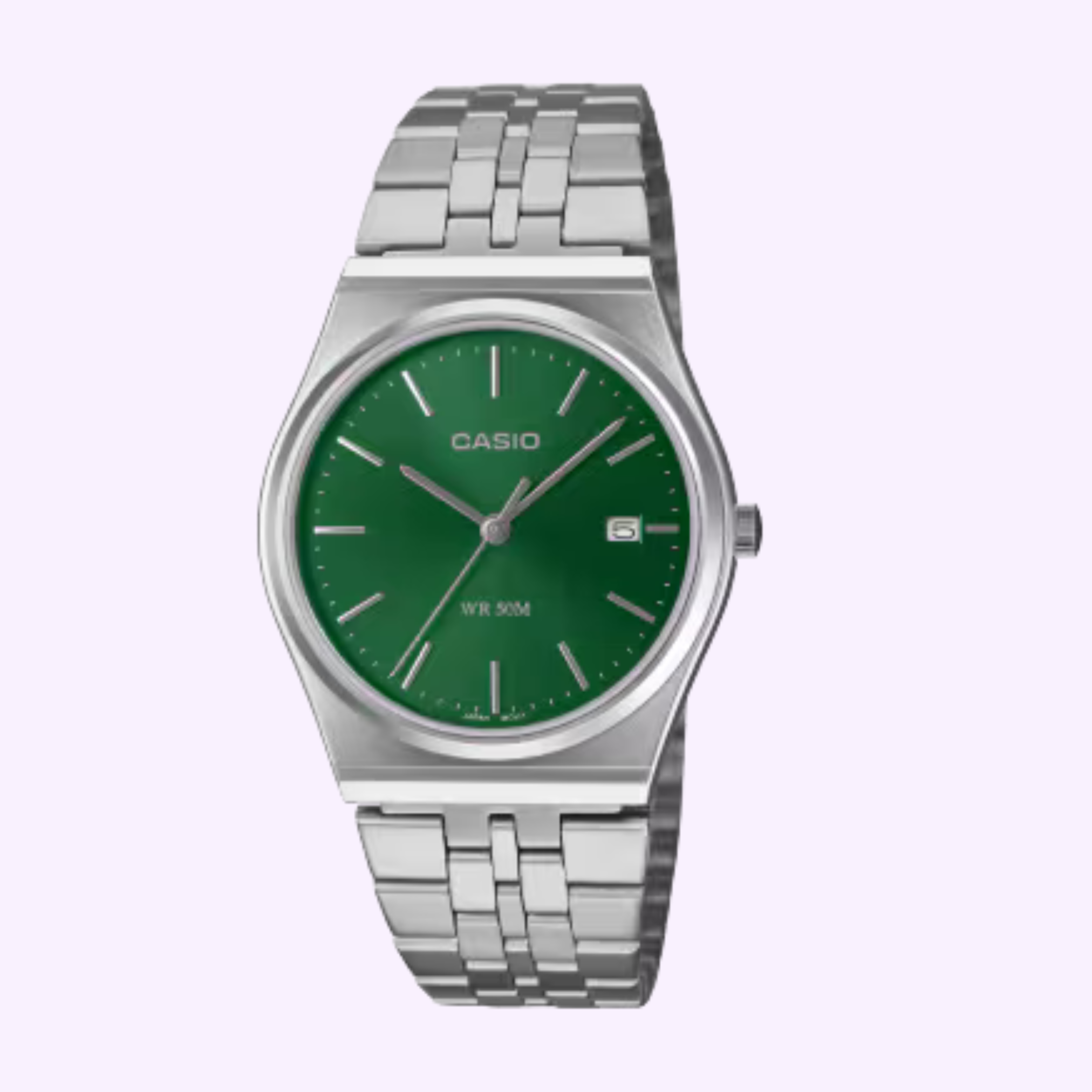 The G-Shock CASIO Watch MTPB145DC-3AV features a green dial with silver markers and hands, a date display at 3 o'clock, and a stylish stainless steel linked band.