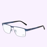 The CAZAL 7073 C 002 59/13/145 NIGHTBLU Unisex Sunglasses by Cazal Sunglasses feature blue rectangular frames with thin metal construction, clear lenses, and black temple tips, showcased against a light background in an authentically stylish Cazal design.