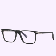 A pair of CHOPARD Optical Frames VCH409 570703 by Chopard Sunglasses features a black rectangular design with silver hinge accents, shown against a light purple background.