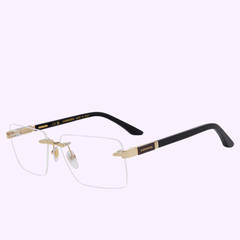 CHOPARD Optical Frames VCHM07 600300 by Chopard Sunglasses are rimless eyeglasses with gold-accented hinges and nose bridge, clear rectangular lenses, black temples, and adjustable nose pads, shown on a light purple background.