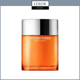 A rectangular orange bottle of Clinique Perfumes' Clinique Happy 3.4oz. EDT Men Perfume with a silver cap is shown on a white background, featuring the Lexor Miami logo at the top to highlight this popular men's fragrance.
