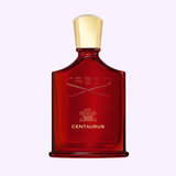 A luxurious woody amber scent, CREED CENTAURUS EDP 3.4 by Creed Perfumes for women comes in a red glass bottle with a gold cap, the Creed logo, and a decorative emblem—captivating the senses.