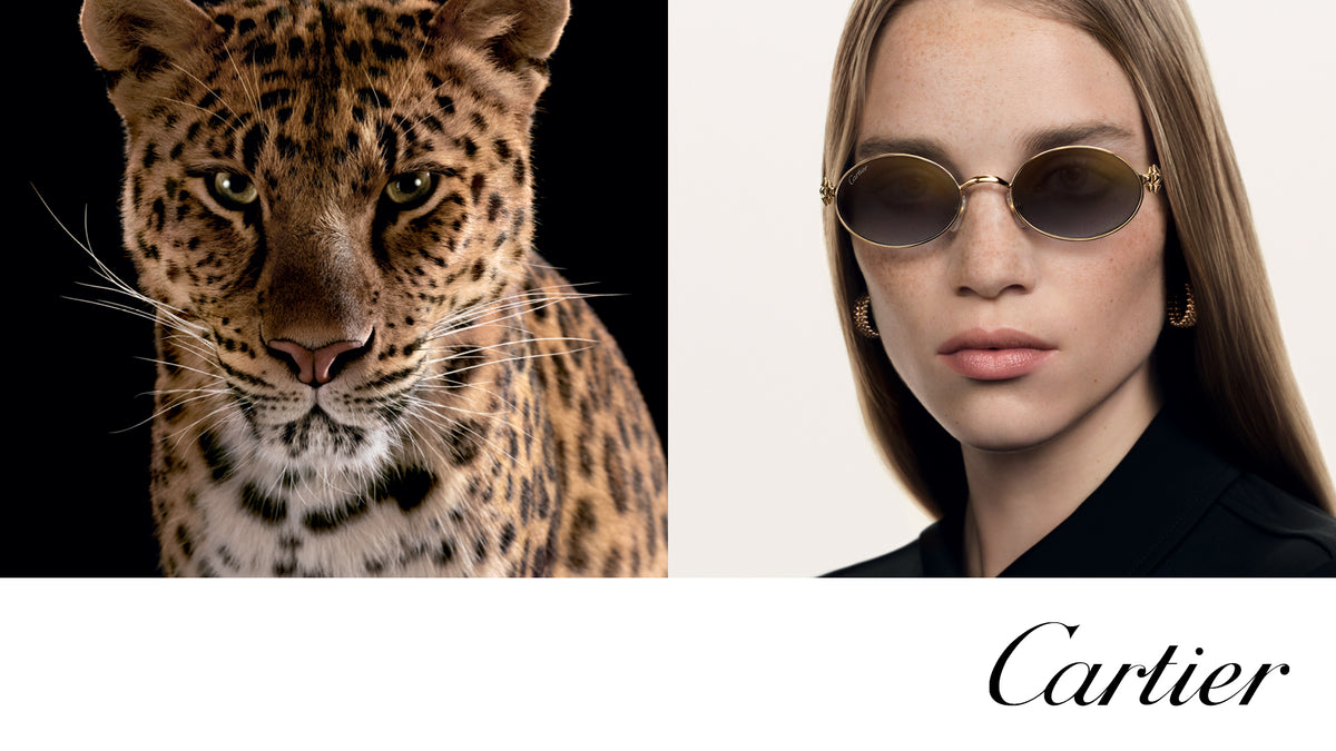 Split image: left side shows a close-up of a leopard with a black background; right side features a woman with light skin and straight hair wearing round sunglasses and gold earrings, with the Cartier logo at the bottom.