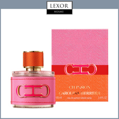 A bottle of Carolina Herrera CH Pasion 3.4 EDP Sp Women by Carolina Herrera Perfumes, with a pink and orange design and gold accents, stands by its matching box. The LEXOR MIAMI logo is displayed above the product.