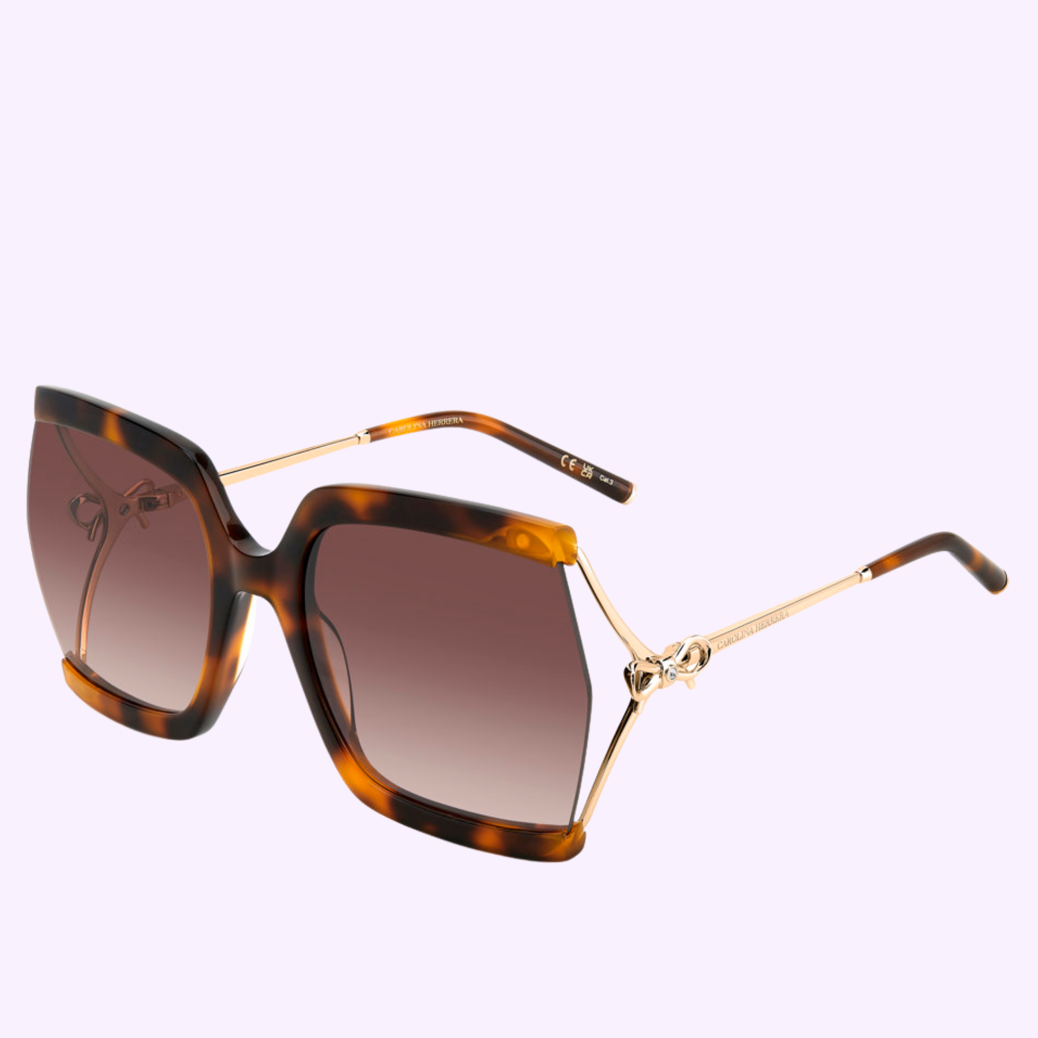 Elevate your look with Carolina Herrera Sunglasses HER 0216/G/S LVL BWHVNGOLD—oversized square frames in tortoiseshell with gold metal arms and brown gradient lenses, showcased on a light purple background.