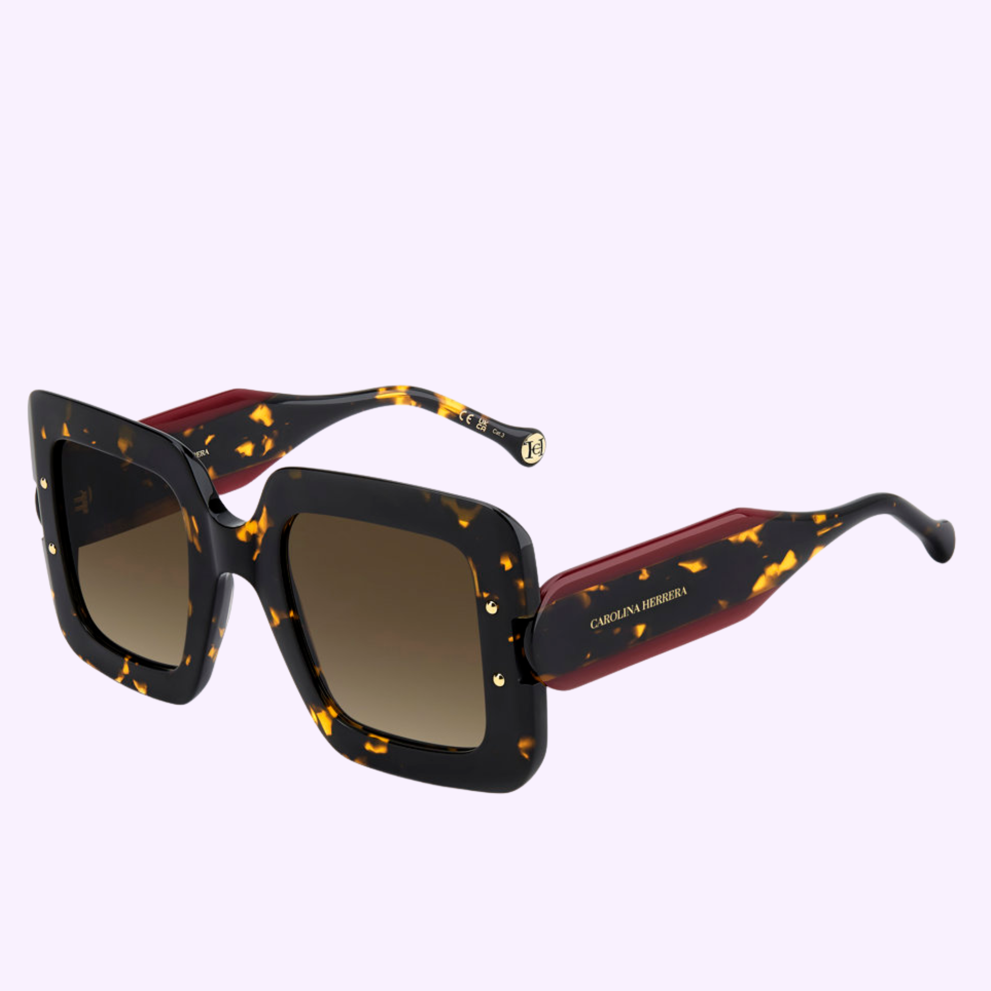 Carolina Herrera Sunglasses HER 0322/S 086 HVN feature oversized square tortoiseshell frames, gold stud accents, gradient brown lenses, and dark red arms with a tortoiseshell pattern and CH logo from the eyewear collection.