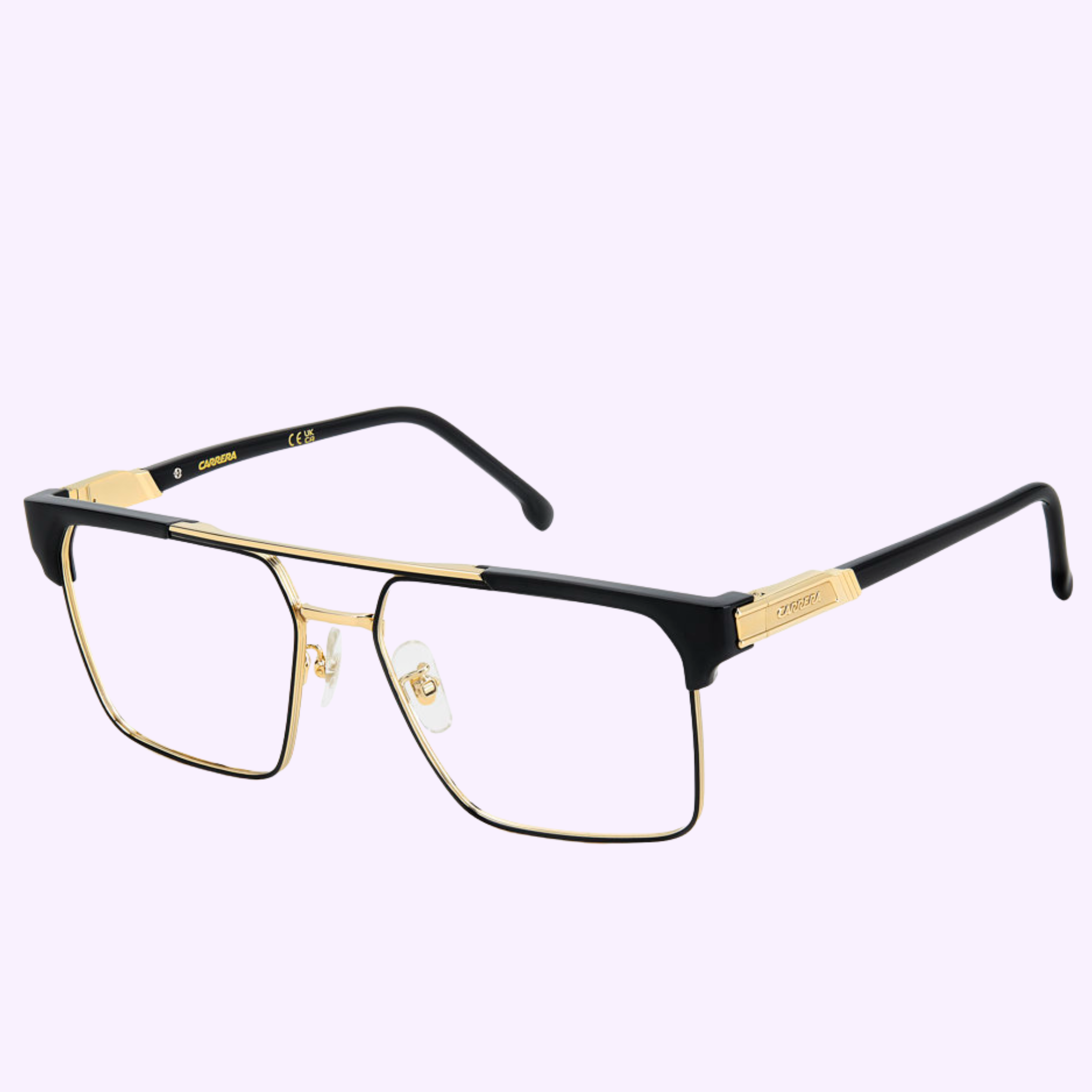 The Carrera Optical Frames CARRERA 1135 RHL GOLD by Carrera Sunglasses feature a gold rectangular metal frame with black upper rim and temple accents, clear nose pads, and are shown on a light purple background for a modern Miami-inspired look.