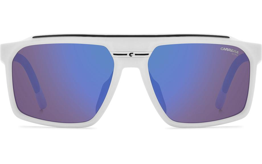 Front view of white square Carrera Sunglasses C SPORT 04/S 6HT 59 with blue mirrored lenses and a small logo on the top right lens—available from an authorized Miami dealer.