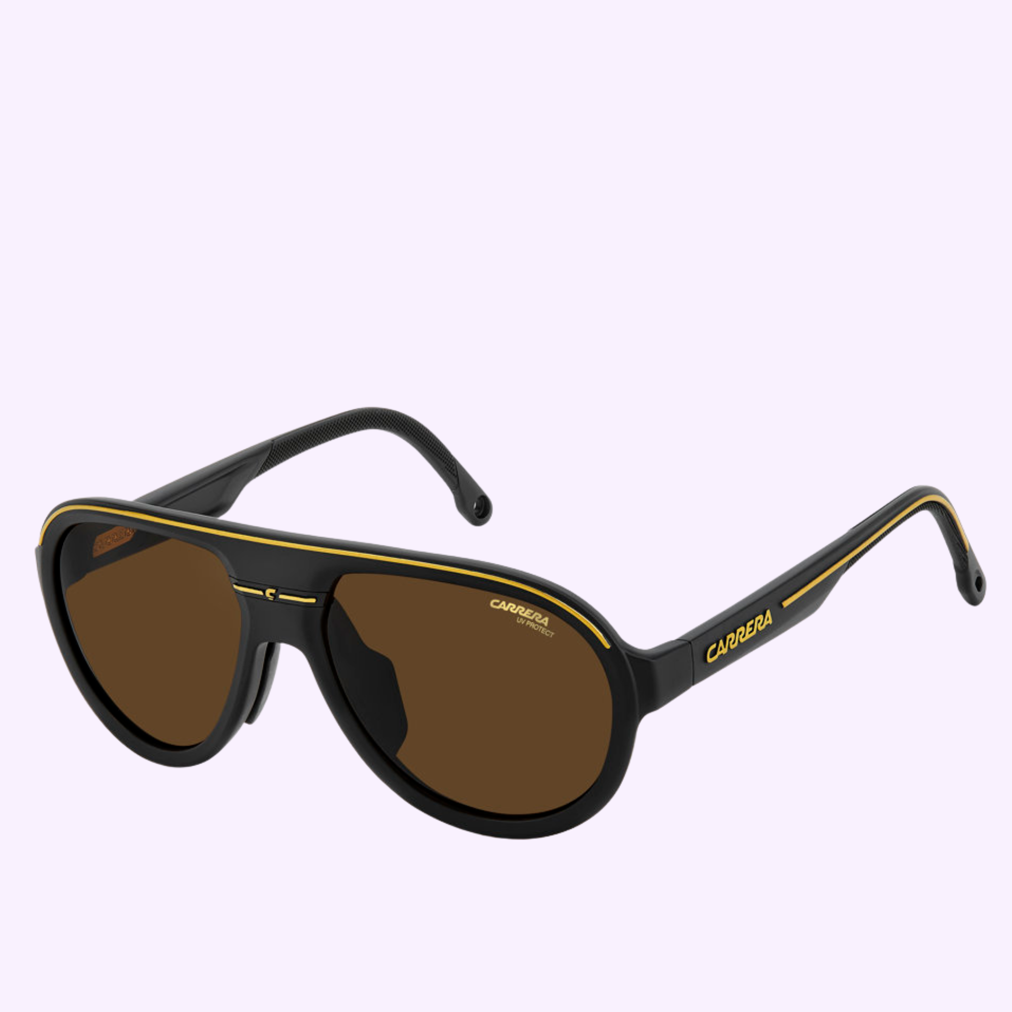 Carrera Sunglasses C SPORT 09/S 003 MTT BLACK with brown tinted lenses and yellow accents on the frame and arms. Features authentic Carrera logos on the arms and lens. 100% authentic Carrera Sunglasses from an Authorized Dealer in Miami.