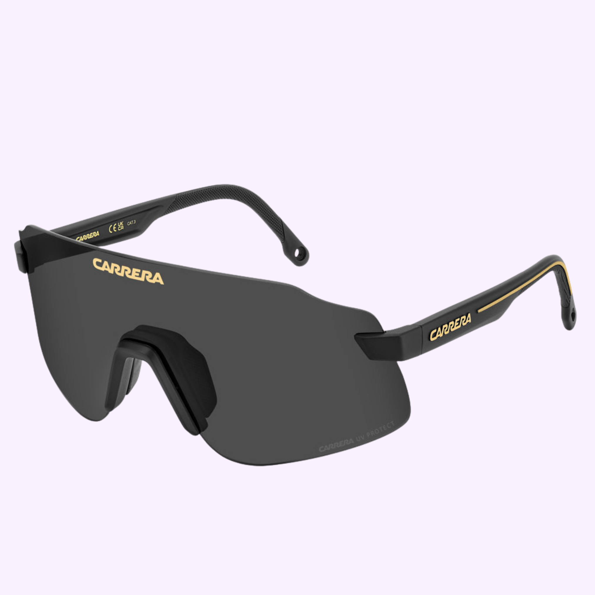 The Carrera Sunglasses C SPORT 16/S 003 MTT BLACK feature a single wraparound dark lens, black frame, and gold Carrera logos on the arms—perfect for Miami style, shown here against a light purple background.