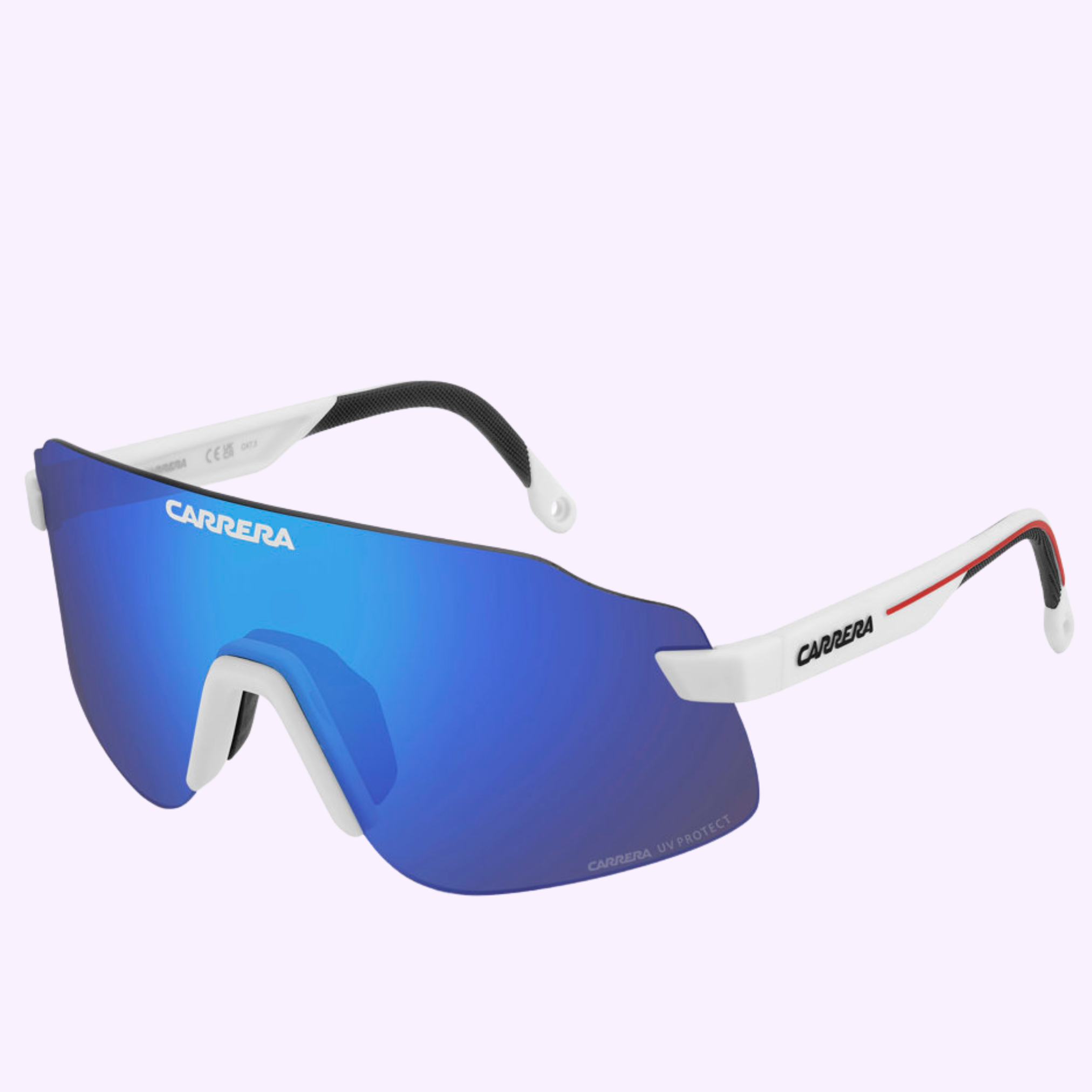 Carrera Sunglasses C SPORT 16/S 6HT MATT feature a single blue mirrored lens, white arms, black ear tips, and Carrera branding on the lens and arms. 100% authentic with a sleek wraparound design—ideal for sunny Miami days.