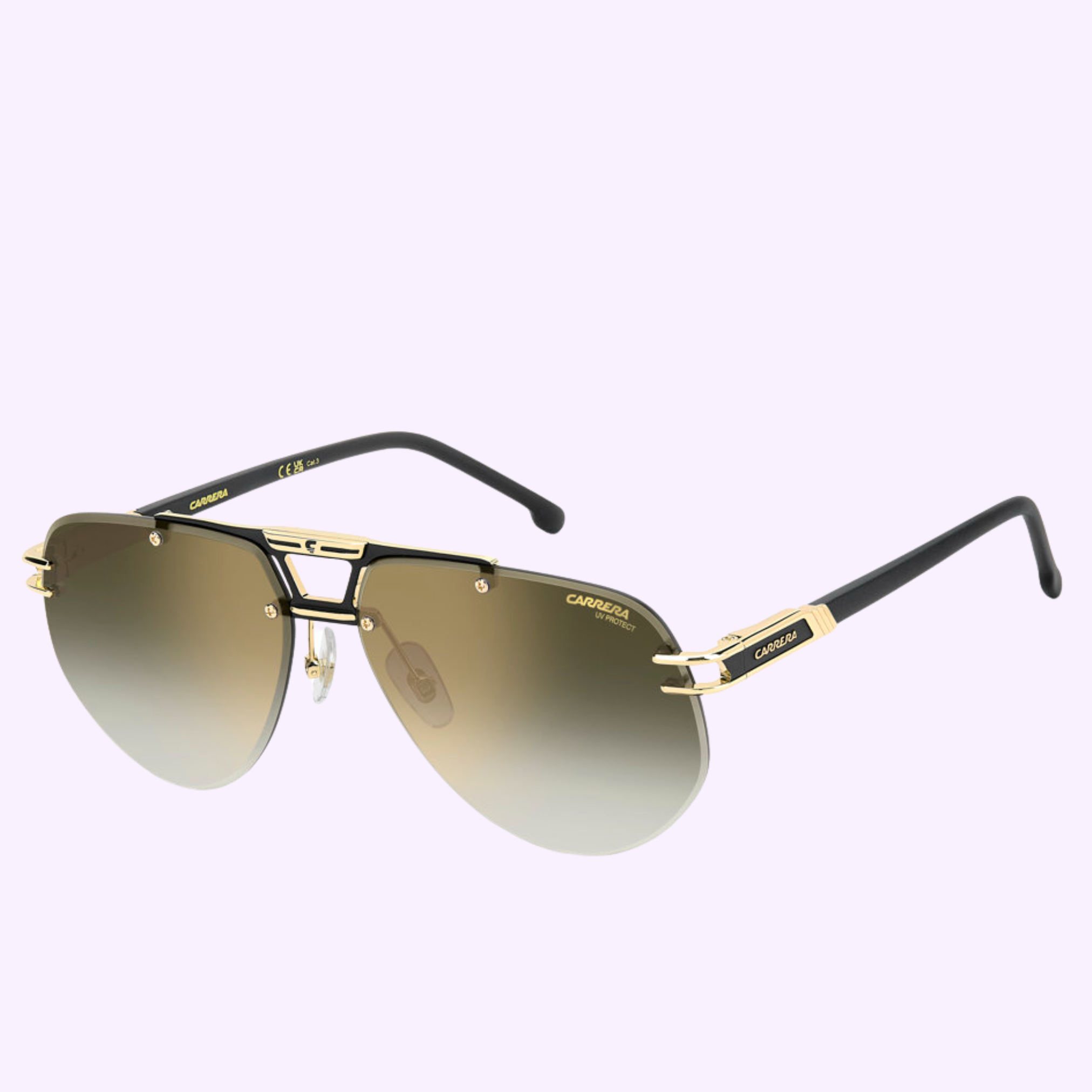 Carrera Sunglasses CA 1087/S/US I46 MT BK GD—features gold accents, dark gradient lenses, and black temples. Displayed on a light purple background. 100% authentic Carrera Sunglasses from an authorized Miami dealer.