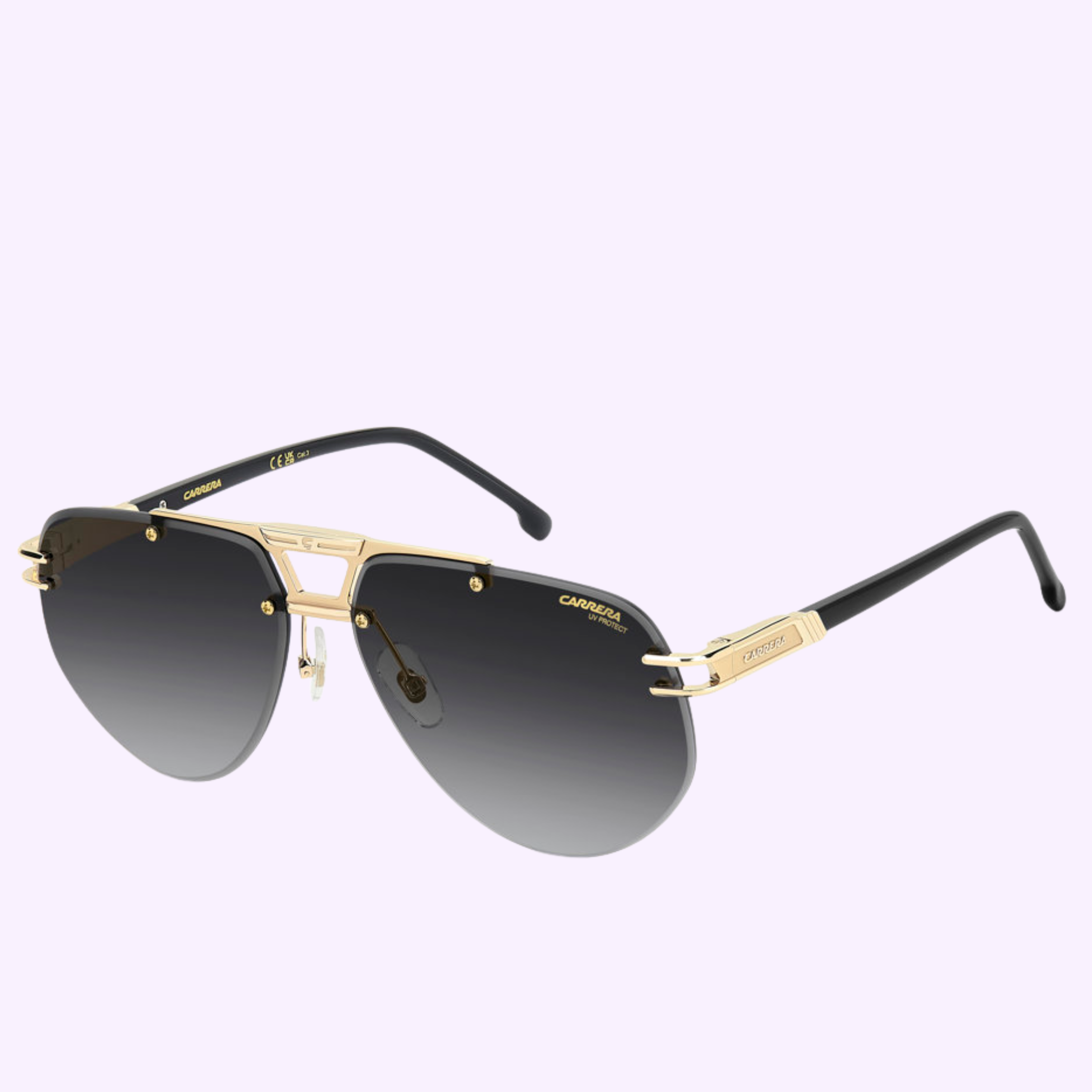 Carrera Sunglasses CA 1087/S/US RHL GOLD: gold metal aviator frames, black arms, and dark gradient lenses. Shown on a light purple background—ideal for that Miami vibe.