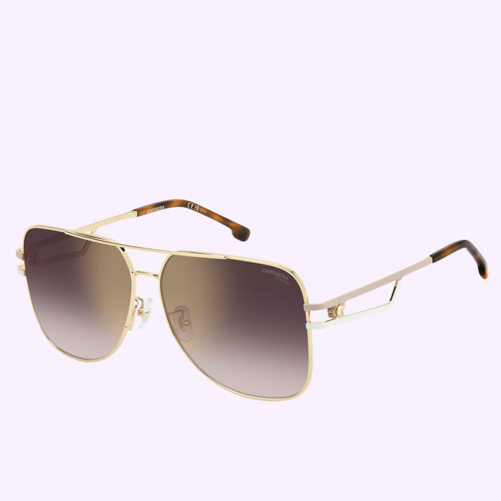 Carrera Sunglasses CA 3100/S/US 24W GDBEIGHV: gold aviator frames with brown gradient lenses, thin metal arms with brown tips. Displayed on a light purple background. 100% authentic Carrera from Miami Authorized Dealer.