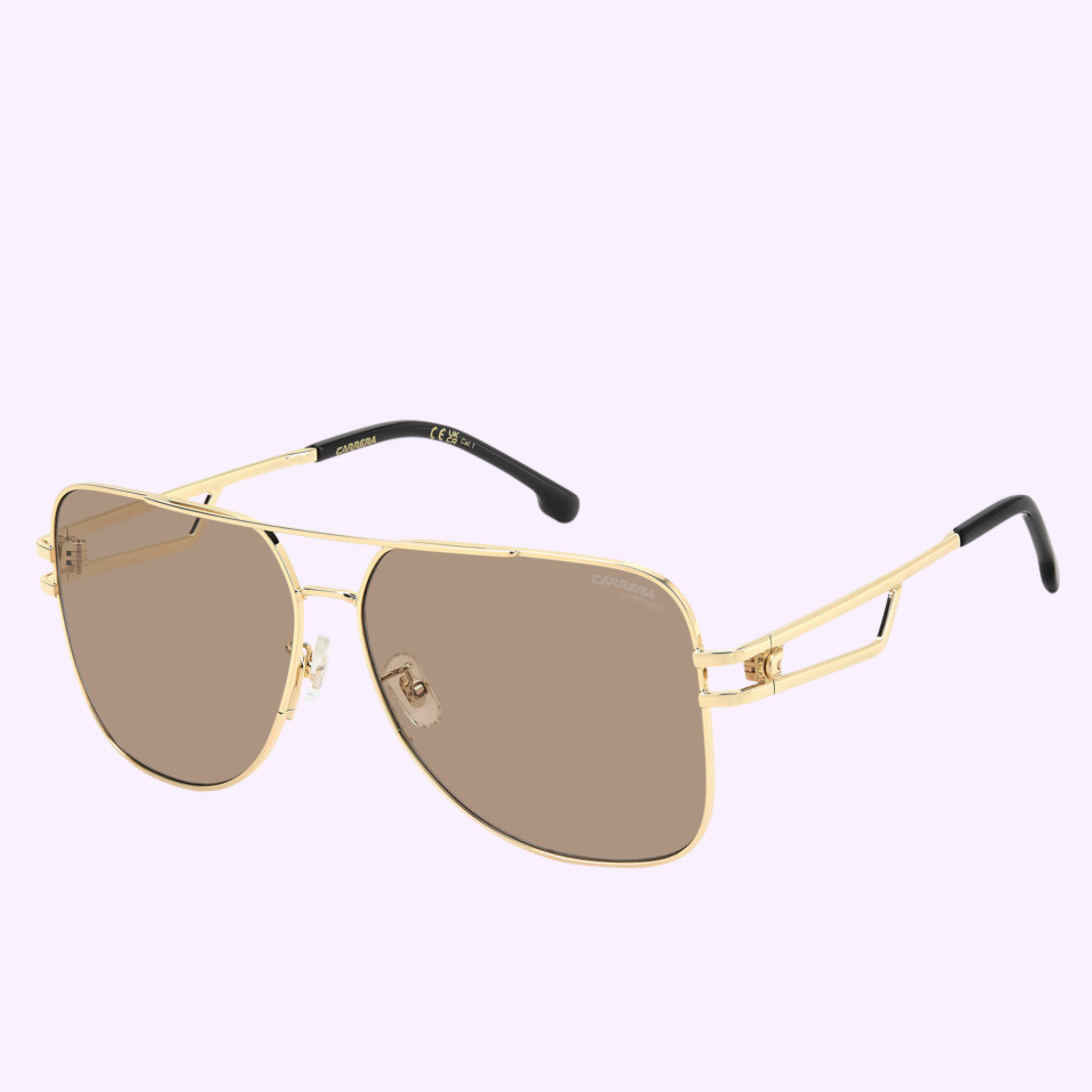 Carrera Sunglasses CA 3100/S/US J5G GOLD feature gold frames, brown-tinted lenses, and black-tipped arms, displayed on a light purple background—a 100% authentic Carrera accessory inspired by Miami style.
