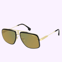 Carrera Sunglasses CA GLORY II 71C BLCK YLLW aviator-style sunglasses by Carrera, featuring gold and black frames, brown-tinted lenses, a double bridge, and thin metal arms, displayed on a light background.