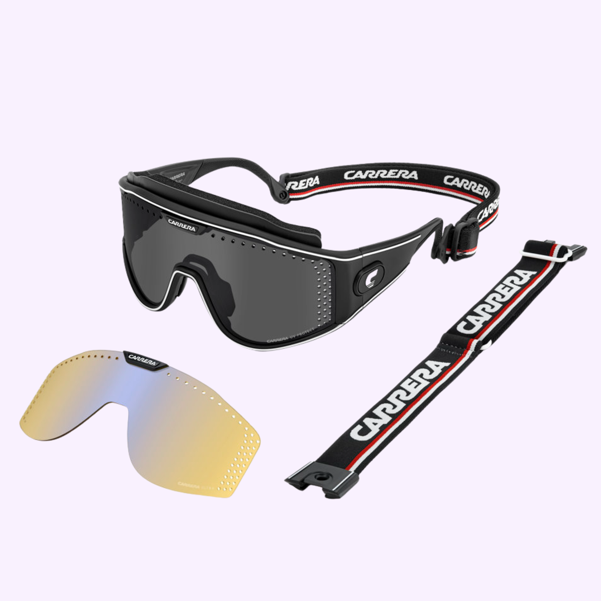 Carrera Sunglasses CA TRANSFORMA 003 MTT BLACK by Carrera Sunglasses, shown with a detachable black lens, extra yellow-tinted lens, and an interchangeable black strap with logo—all displayed on a light lavender background.