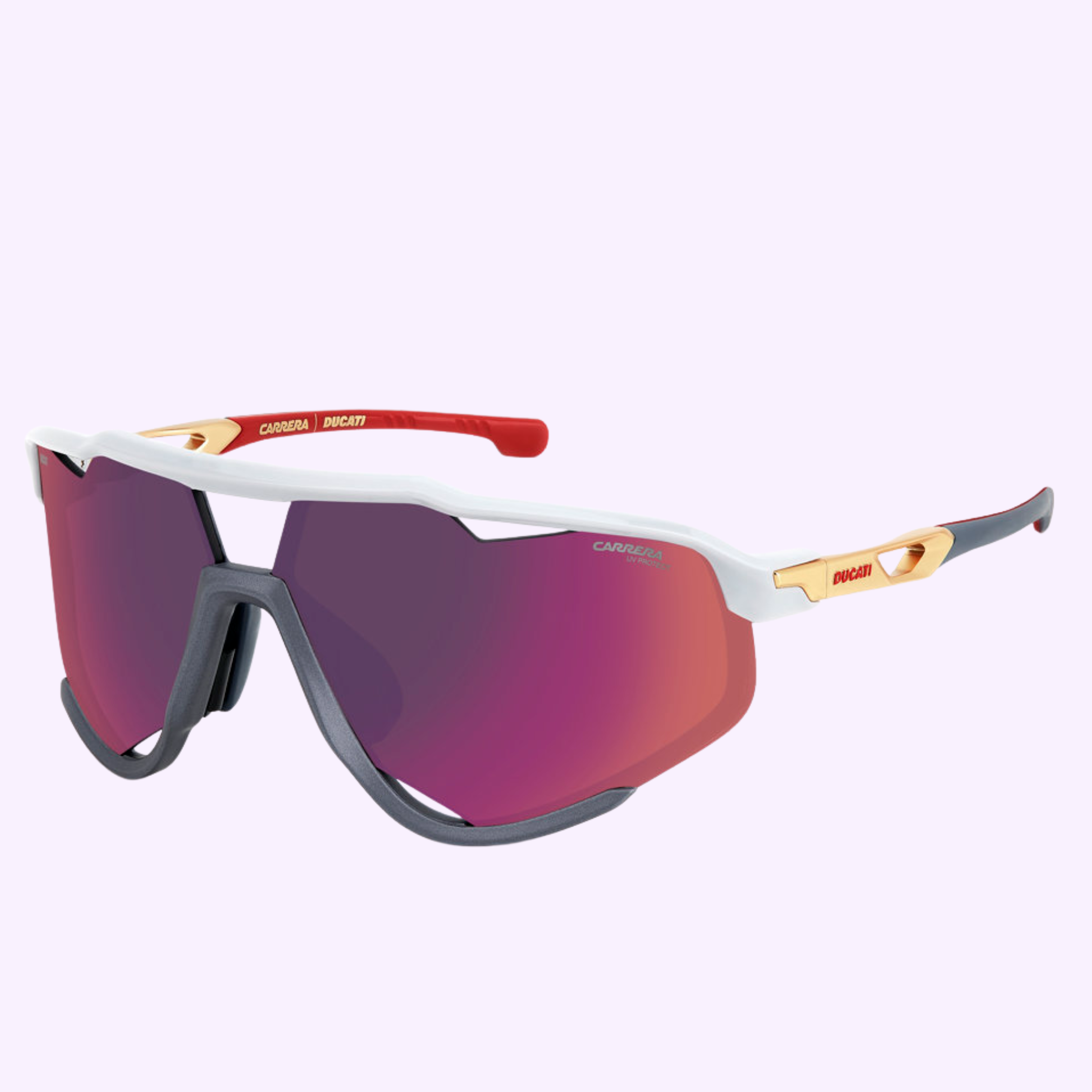 Carrera Sunglasses CARDUC 055/S 268 GREY RED: Authentic white and gray sunglasses with reflective pink lenses, thick frame, red and gold accents, and 
