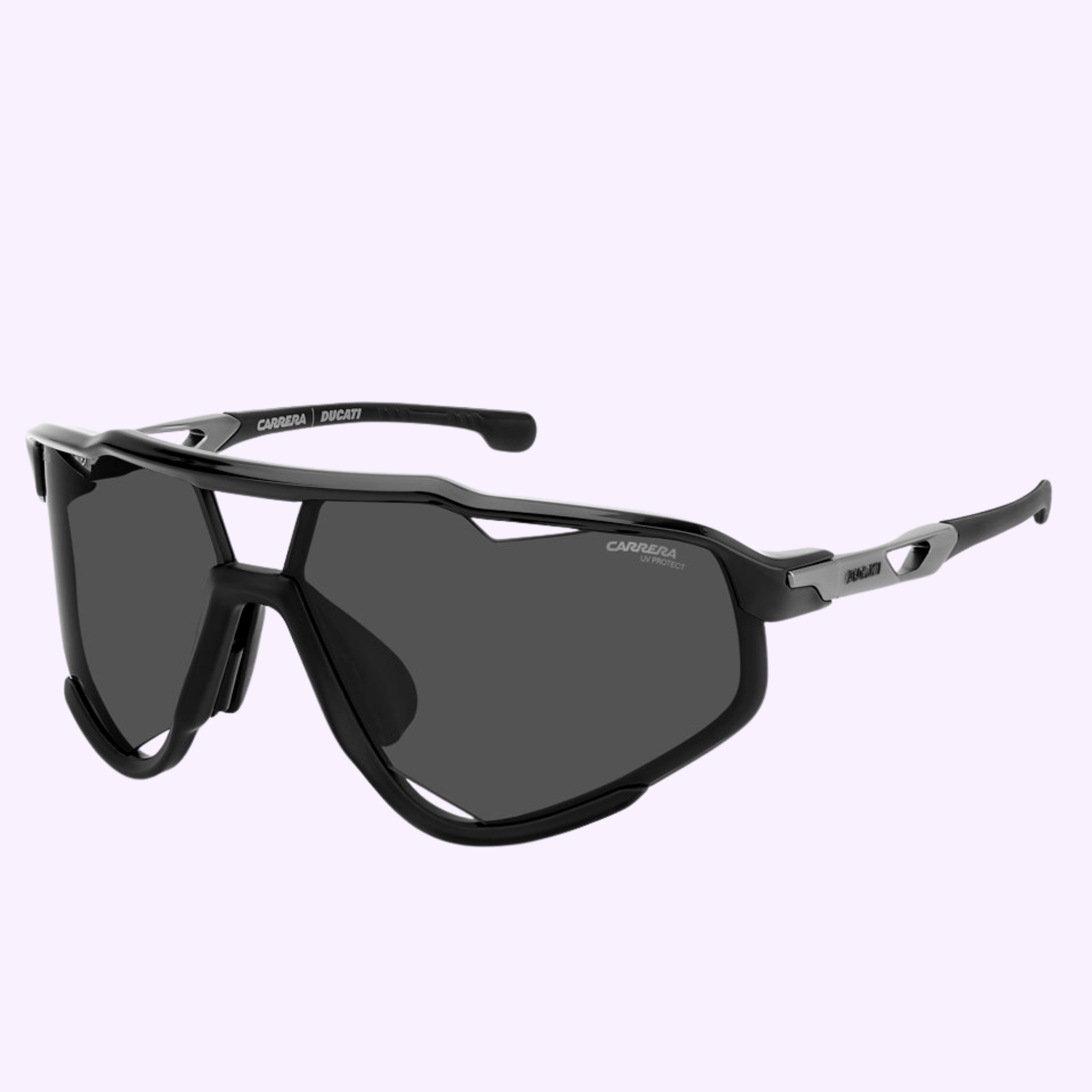 Carrera Sunglasses CARDUC 055/S 807 BLACK feature a black wraparound frame, large angular dark lenses, and cut-out branded arms for an athletic look. 100% authentic from an Authorized Dealer in Miami. Displayed on a plain light background.