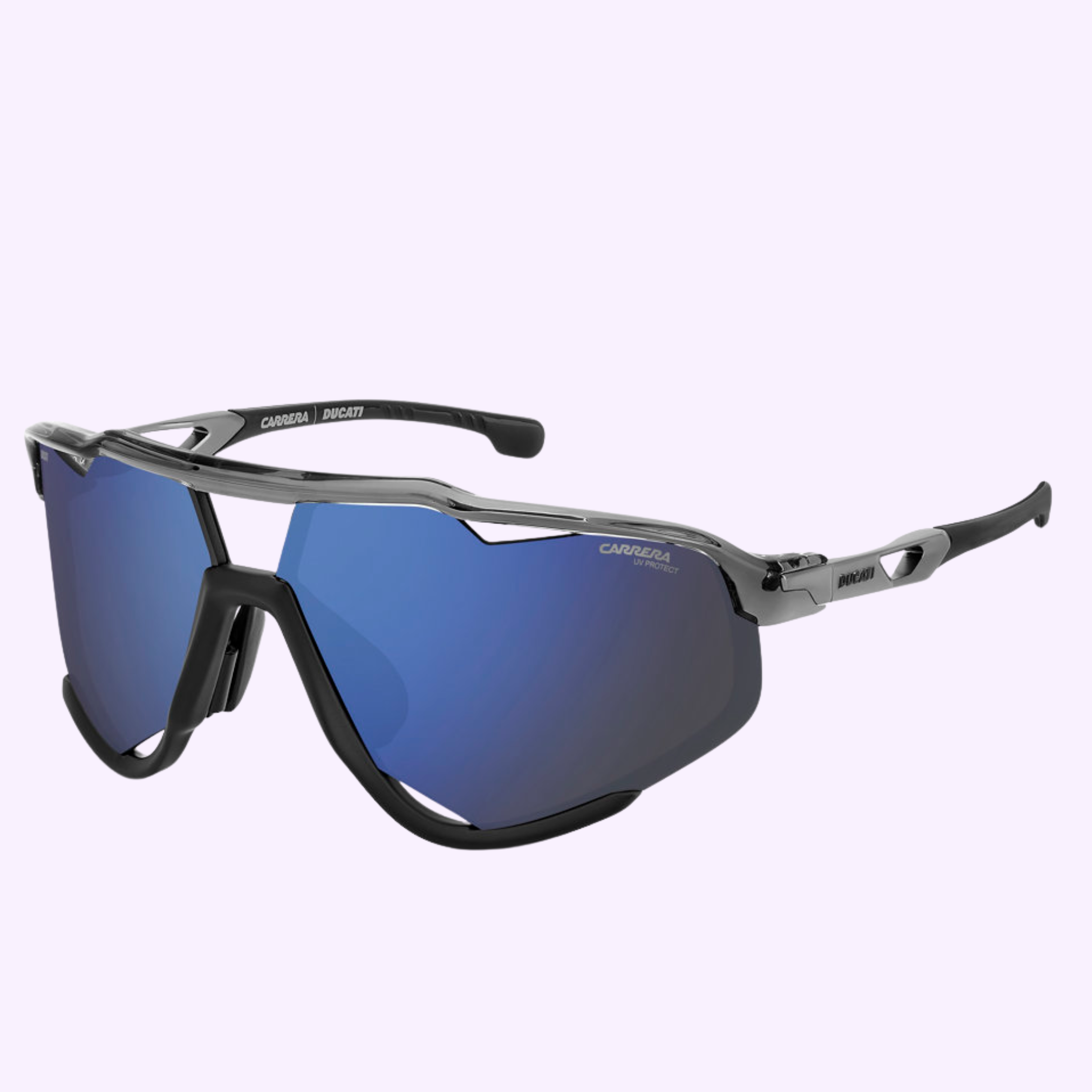 Carrera Sunglasses CARDUC 055/S KB7 GREY feature a black and silver frame, blue reflective lenses, and Ducati branding on the arms—adding Miami style to your sporty look, shown against a light purple background.