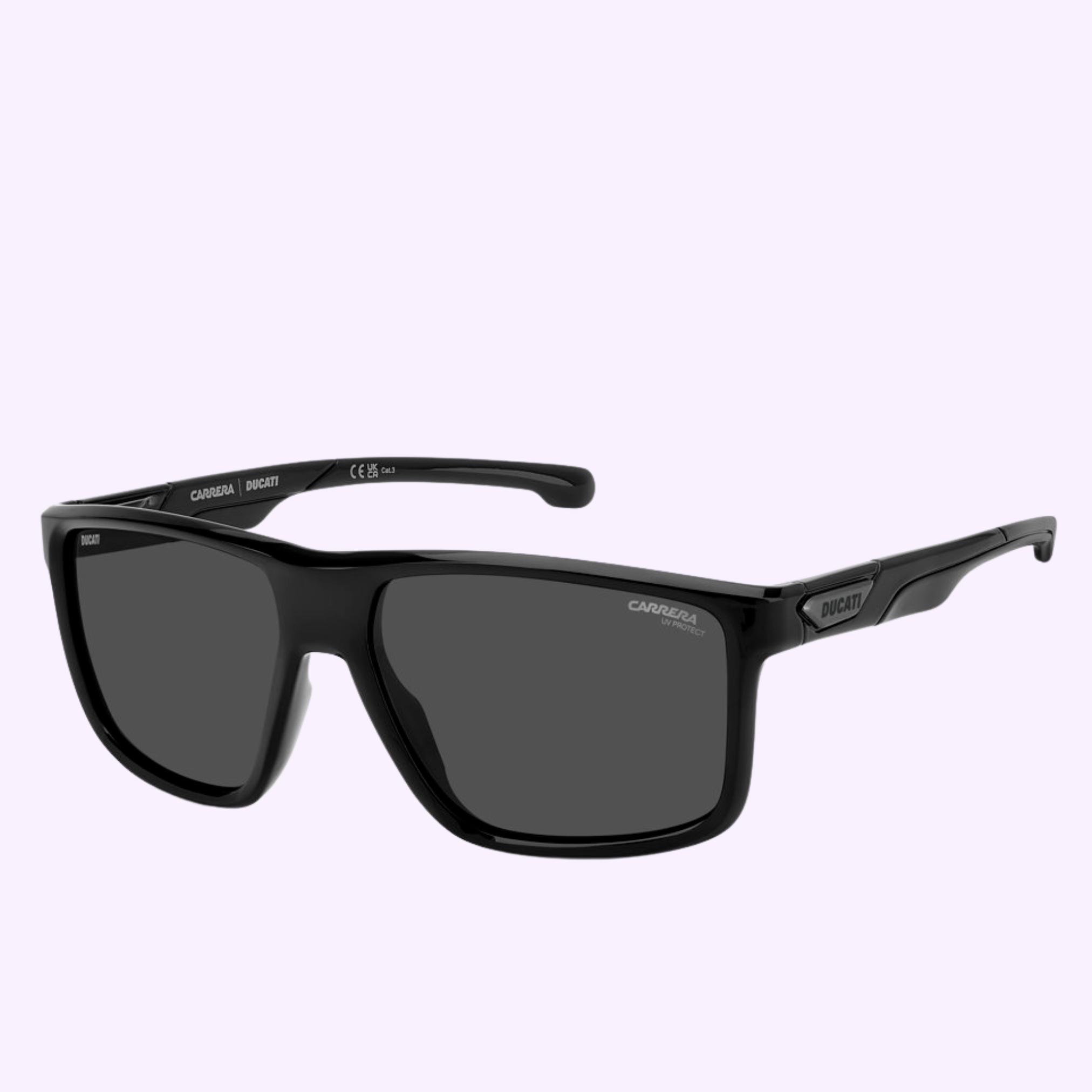 The Carrera Sunglasses CARDUC 056/S 807 BLACK feature dark lenses and thick rectangular black frames with Carrera and Ducati branding on the temples, shown against a light lavender background—ideal for your next Miami trip.