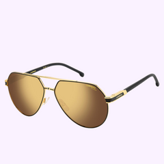 Carrera Sunglasses CARRERA 1067/S I46 MT BK GD with brown-tinted lenses and black temple tips, displayed on a light purple background. Brand logo visible on lens and temples. Shop confidently from authorized Miami dealer.