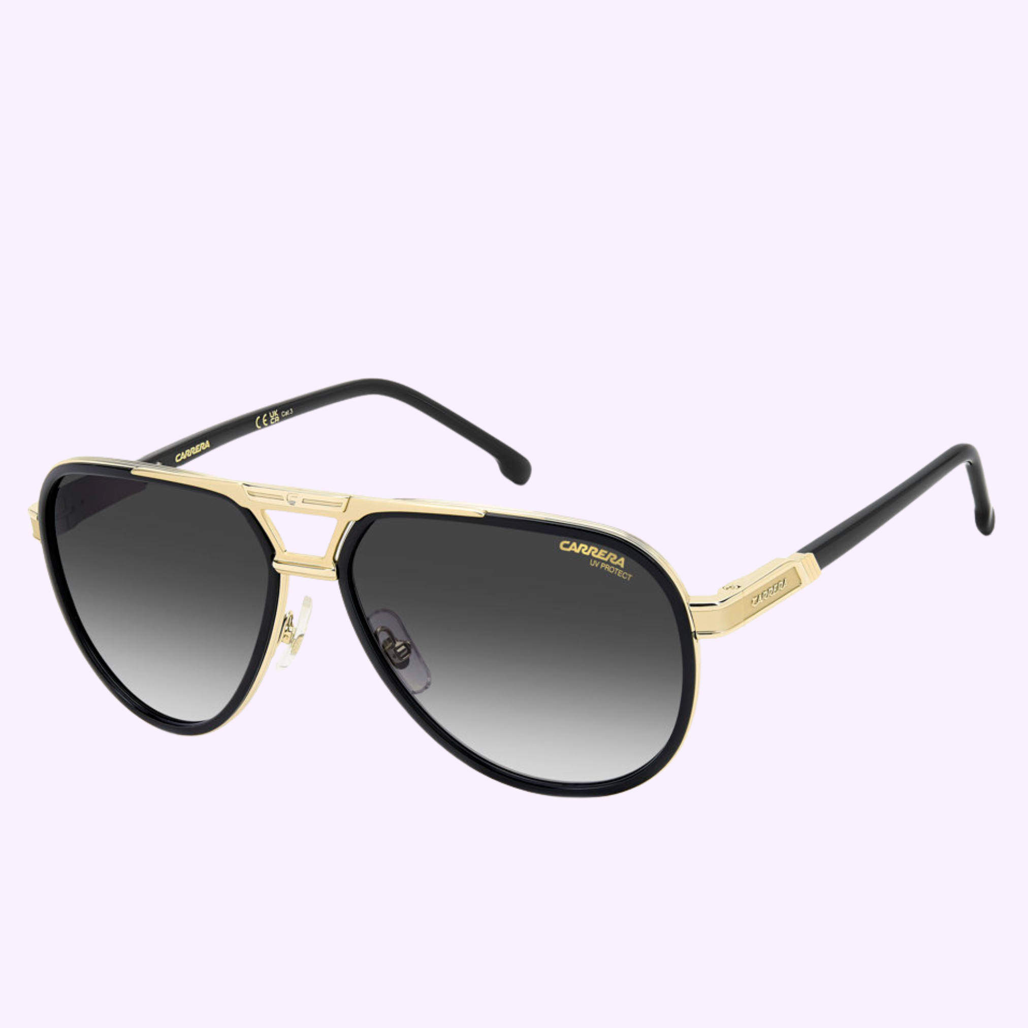 Carrera Sunglasses CARRERA 1071/S 2M2 BLK GOLD feature gold-rimmed aviator frames, black arms, and dark gradient lenses on a light purple background. 