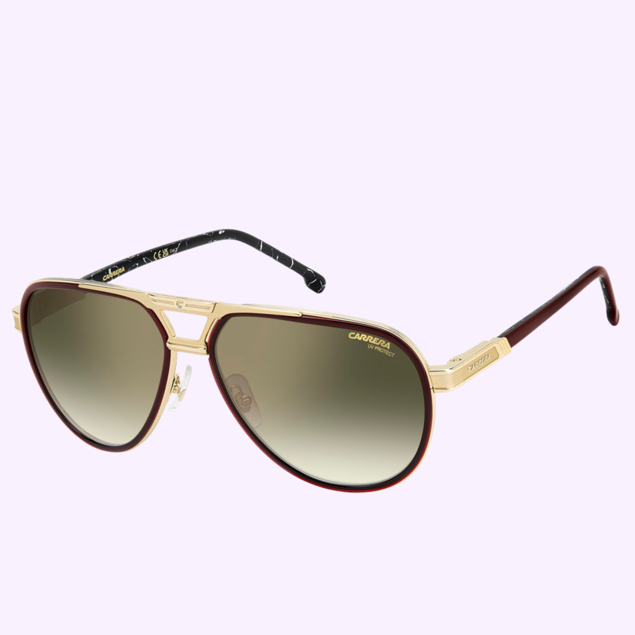 Carrera Sunglasses CARRERA 1076/S OIT BLACK RED with black frames, red accents, and dark gradient lenses, shown on a light purple background. 100% authentic and available from an authorized Miami dealer.