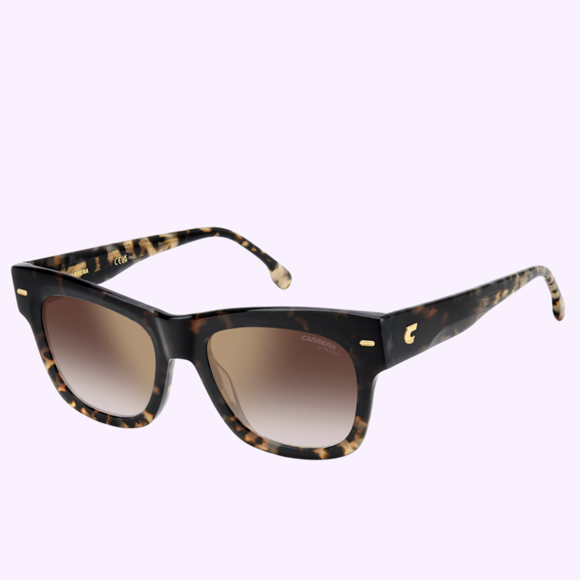 Carrera Sunglasses CARRERA 3066/S 086 HVN featuring a tortoiseshell square frame and brown gradient lenses, showcased on a light lavender background. Temples display a gold logo by the hinges—100% authentic, ideal for Miami style.