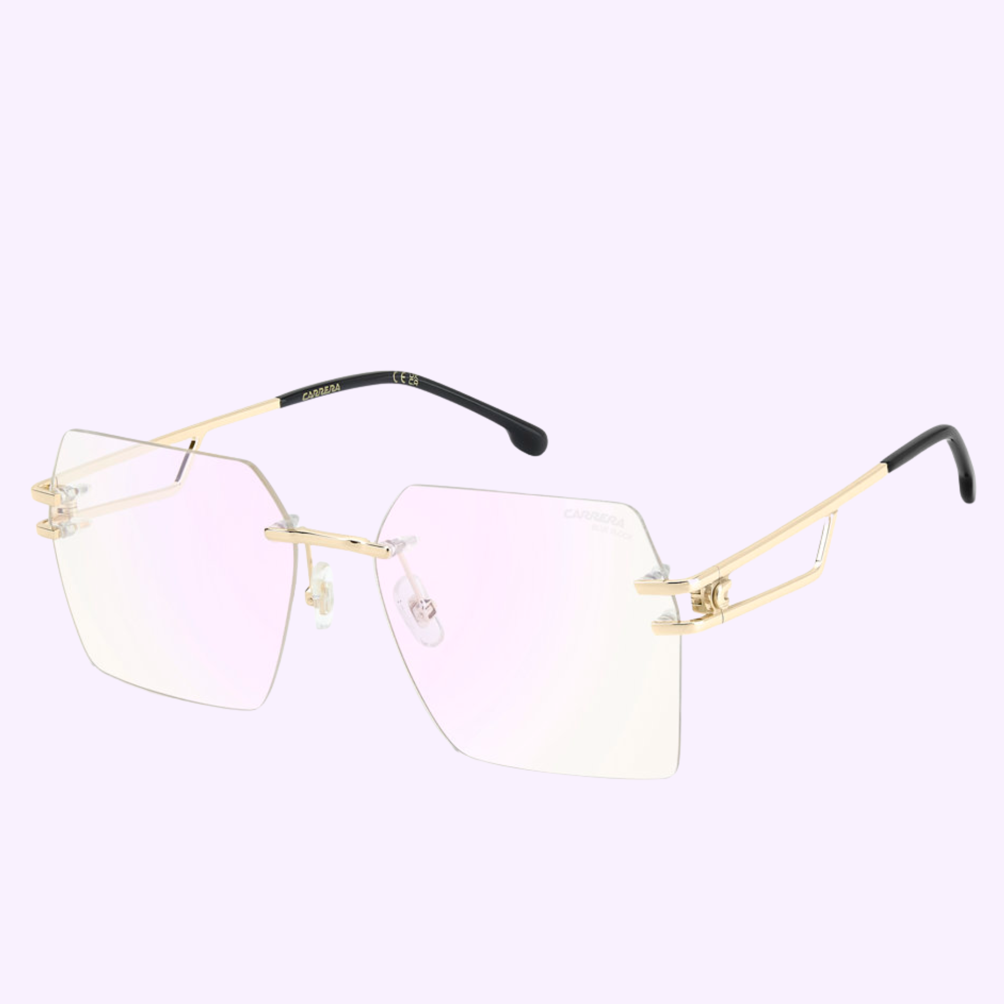 Carrera Sunglasses CARRERA 3102 000 ROSE GOLD feature authentic rimless, large geometric lenses with rose gold arms, black tips, and clear nose pads—stylish eyewear showcased on a light purple background.