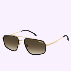 Featuring gold-rimmed aviator frames with dark gradient lenses and black ear tips, the Carrera Sunglasses CARRERA 338/S 003 by Carrera Sunglasses are showcased on a light purple background—blending classic sophistication with a modern touch.