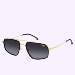 The Carrera Sunglasses CARRERA 338/S RHL by Carrera Sunglasses feature gold frames, black-tinted lenses, thin temples, and black-and-red ear tips, shown against a light purple background.