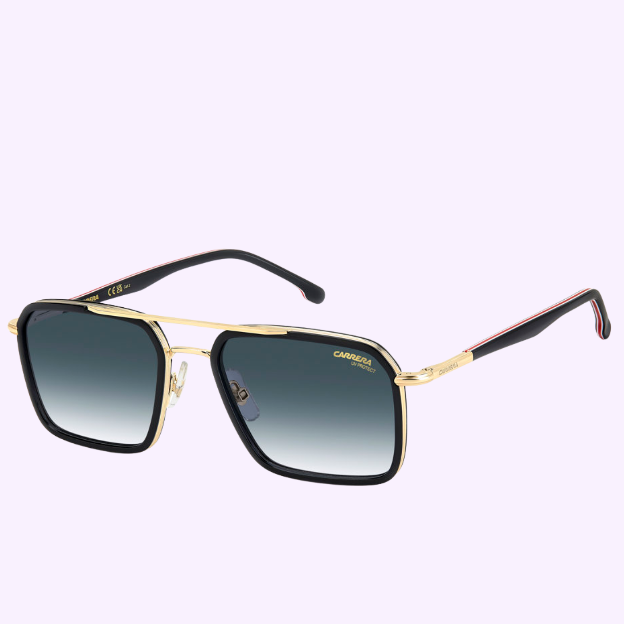 The Carrera Sunglasses CARRERA 362/S 2M2Q3 POLARIZED feature gold metal frames, polarized square lenses with dark-to-light gradient, and black arms with red and white accents—delivering a distinctly Miami-inspired style.