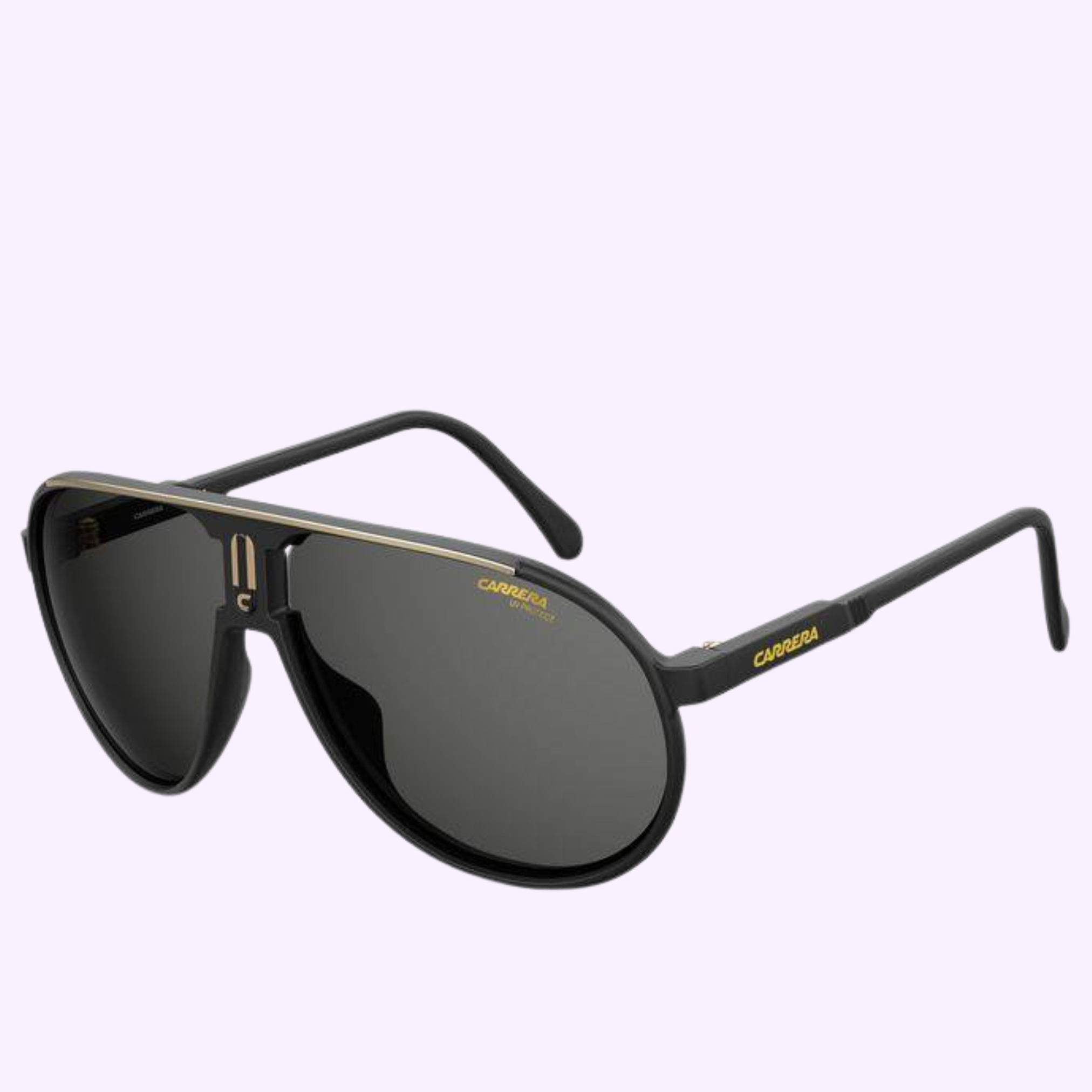 The Carrera Sunglasses CHAMPION/N 003 MTT BLACK feature dark lenses, gold accents, and the Carrera logo on the arms and lens—100% authentic aviators set against a light purple background for a Miami-inspired look.