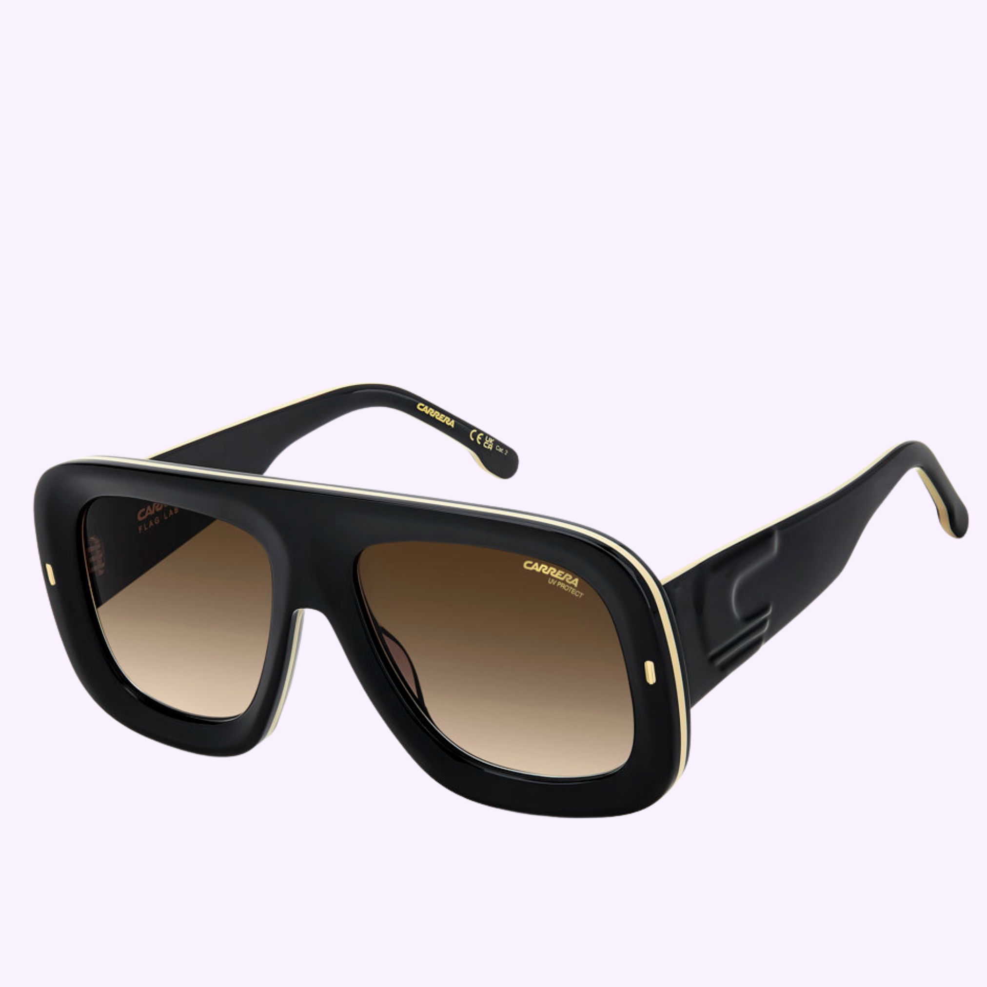 Showcased on a light purple background, the Carrera Sunglasses FLAGLAB 18 2M2 BLK GOLD by Carrera Sunglasses feature authentic black rectangular frames with bold, thick construction, brown gradient lenses, and refined gold accents with signature logo details on the temples—an ideal accessory for embracing Miami's vibrant energy.