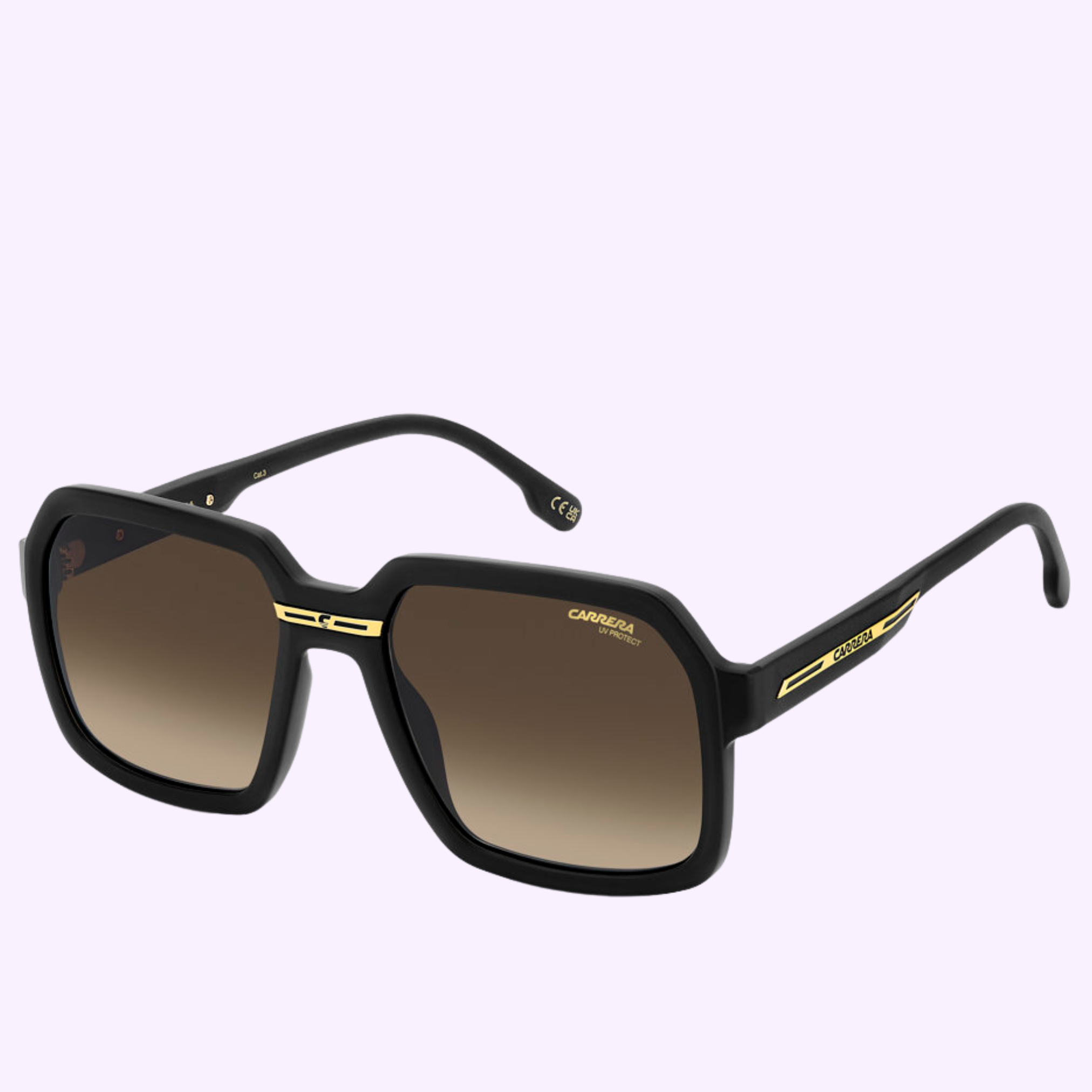 100% authentic Carrera Sunglasses VICTORY C 08/S 003 MTT BLACK, featuring black square frames with gold accents and brown gradient lenses for a Miami vibe, showcased on a light purple background.