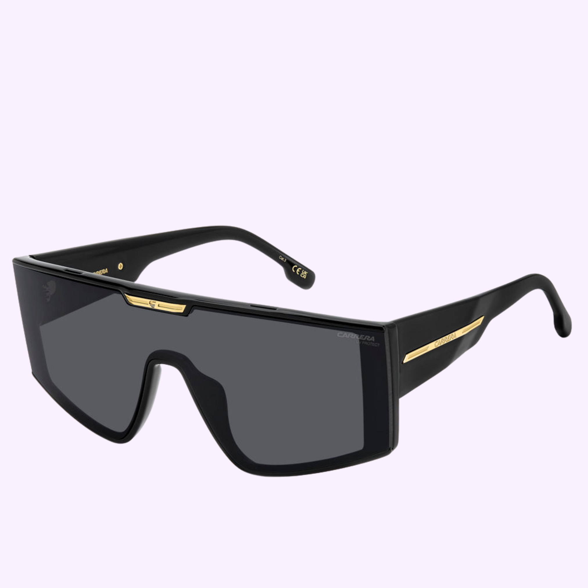 Carrera Sunglasses VICTORY C 18/S 807 BLACK: authentic oversized rectangular black frames with gold accents on bridge and arms, displayed on a light purple background for a bold Miami-inspired look.