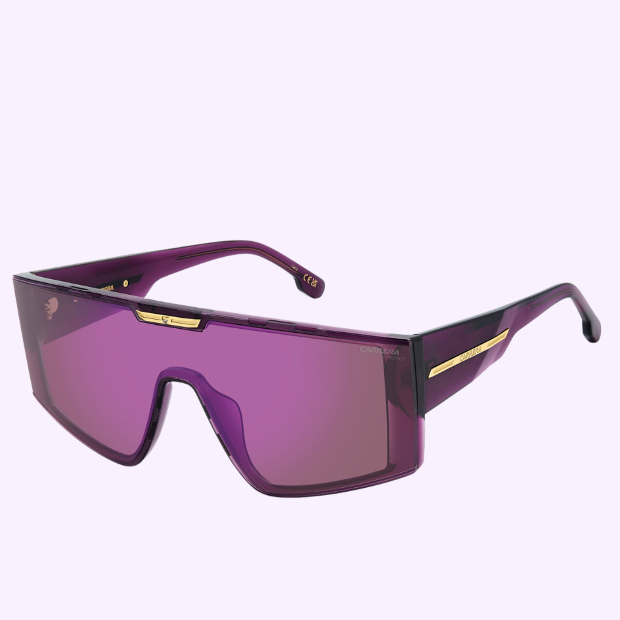 A pair of oversized, futuristic Carrera Sunglasses VICTORY C 18/S B3V VIOLET with a single shield lens and gold accents is displayed on a plain light background.