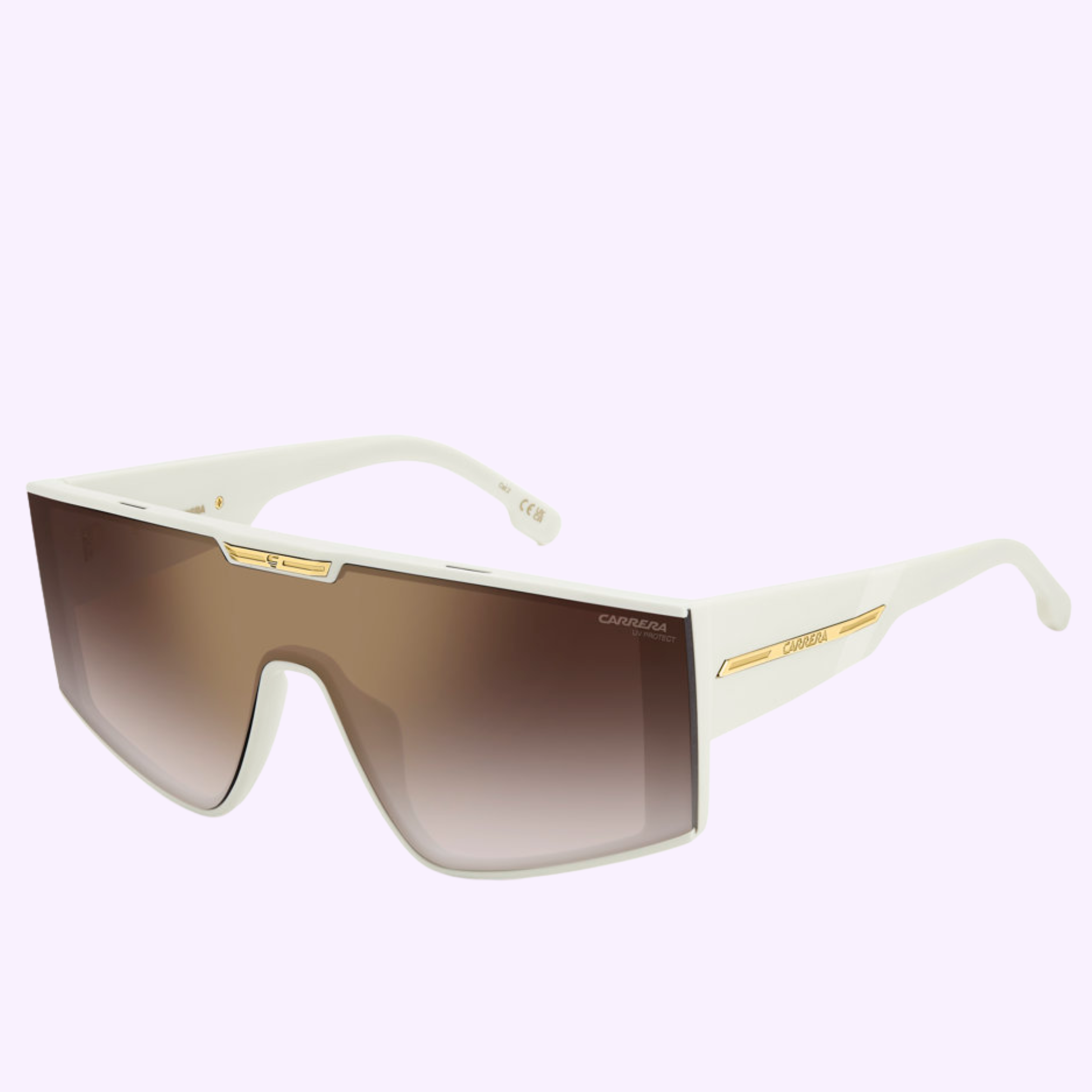 Carrera Sunglasses VICTORY C 18/S SZJ IVORY—oversized white frames with a single brown gradient lens, gold detailing, and signature branding. Set on a light purple background. Shop 100% authentic styles from an Authorized Dealer in Miami.