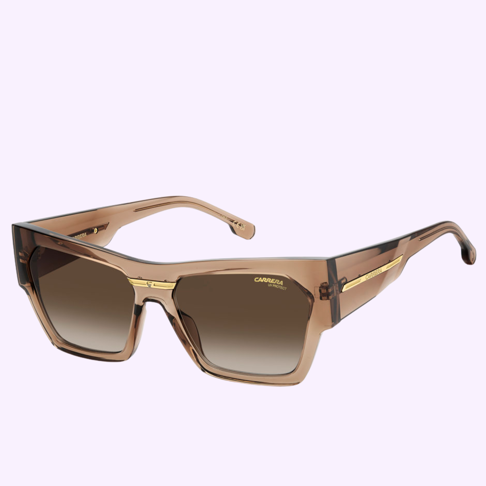 Authentic Carrera Sunglasses VICTORY C 19/S 09Q BROWN with thick translucent brown frames, gradient lenses, and gold detailing featuring the brand logo on the side. Stylish shades that evoke Miami vibes against a light purple background.