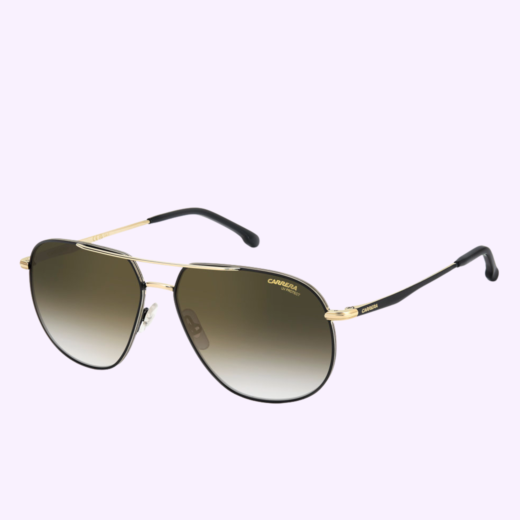 Carrera Sunglasses CARRERA 363/ RHL GOLD with thin gold aviator frames, black temple tips, and dark gradient lenses, displayed on a light purple background.