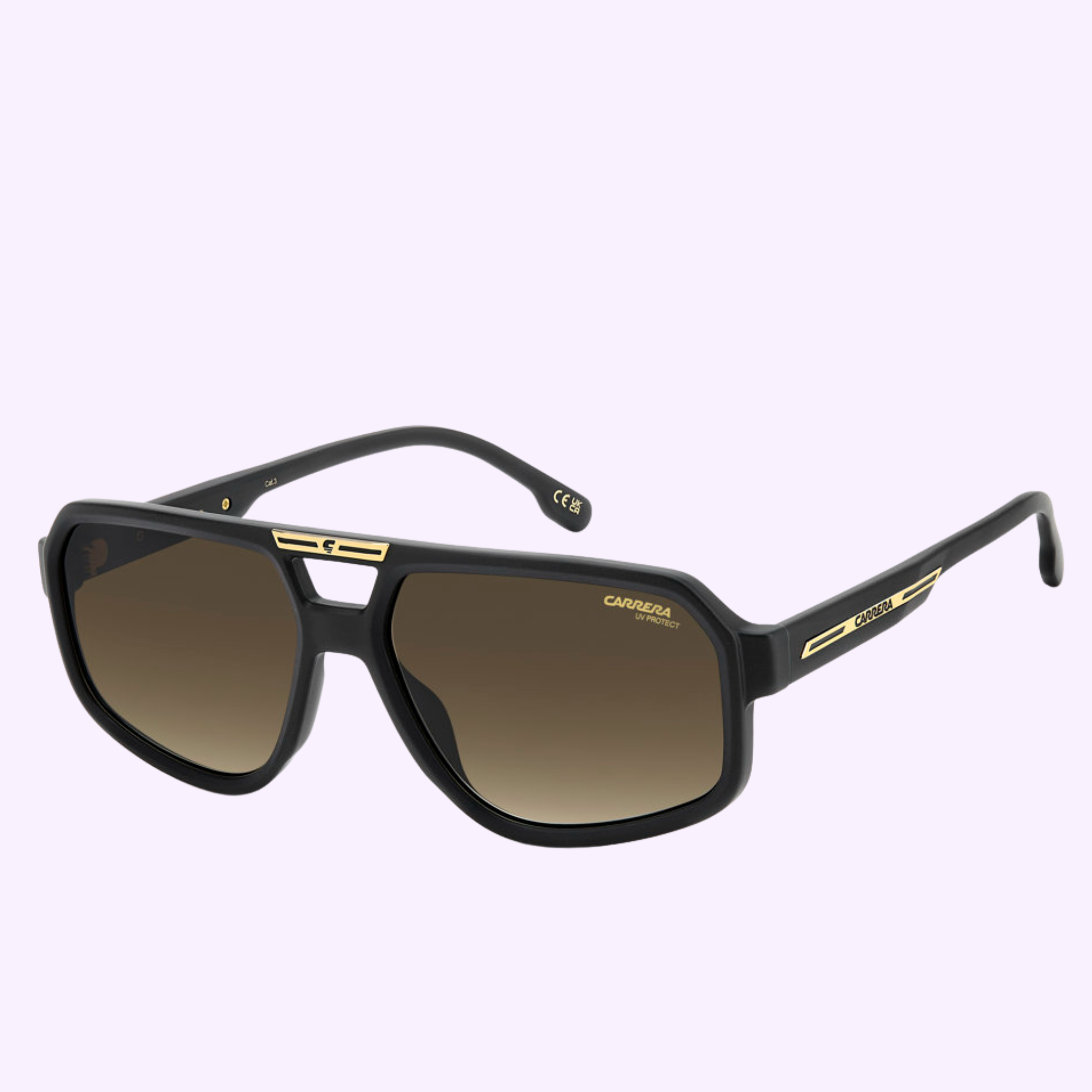 The Carrera Sunglasses VICTORY C 26/S 003 MTT BLACK feature large square frames, gold bridge and temple accents, and brown gradient lenses, exuding Miami style against a light purple background.