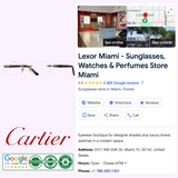 A Google business listing for Lexor Miami, featuring a store photo, address, contact info, Cartier logo, customer ratings, and unisex glasses like the Cartier CT0048O 004 53 Optical Frame from Cartier Sunglasses.