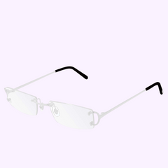 The Cartier CT0092O 002 53 Unisex Optical Frame by Cartier Optical features a rimless design with thin metal arms and black tips—an elegant unisex eyewear option, pictured on a light purple background.