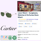 Showcase of a Cartier boutique in Miami featuring a striking image of the Cartier CT0330S 005 59 Men Sunglasses by Cartier Sunglasses, accompanied by store details, location, Google reviews, contact number, and certification badges. This exclusive display highlights the elegant rimless sunglasses from the signature C Décor collection.