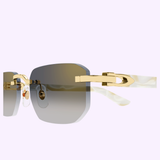 Close-up of Cartier Sunglasses CT0622S-004 53 with gold frames, square gray gradient lenses, and marble-patterned white arms against a light lavender background—a luxurious choice from Cartier Sunglasses.