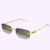 Cartier Sunglasses CT0622S-004 53 are displayed against a light purple background, featuring gold temples, square gradient lenses, and marbled white arms—showcasing signature Cartier luxury style.