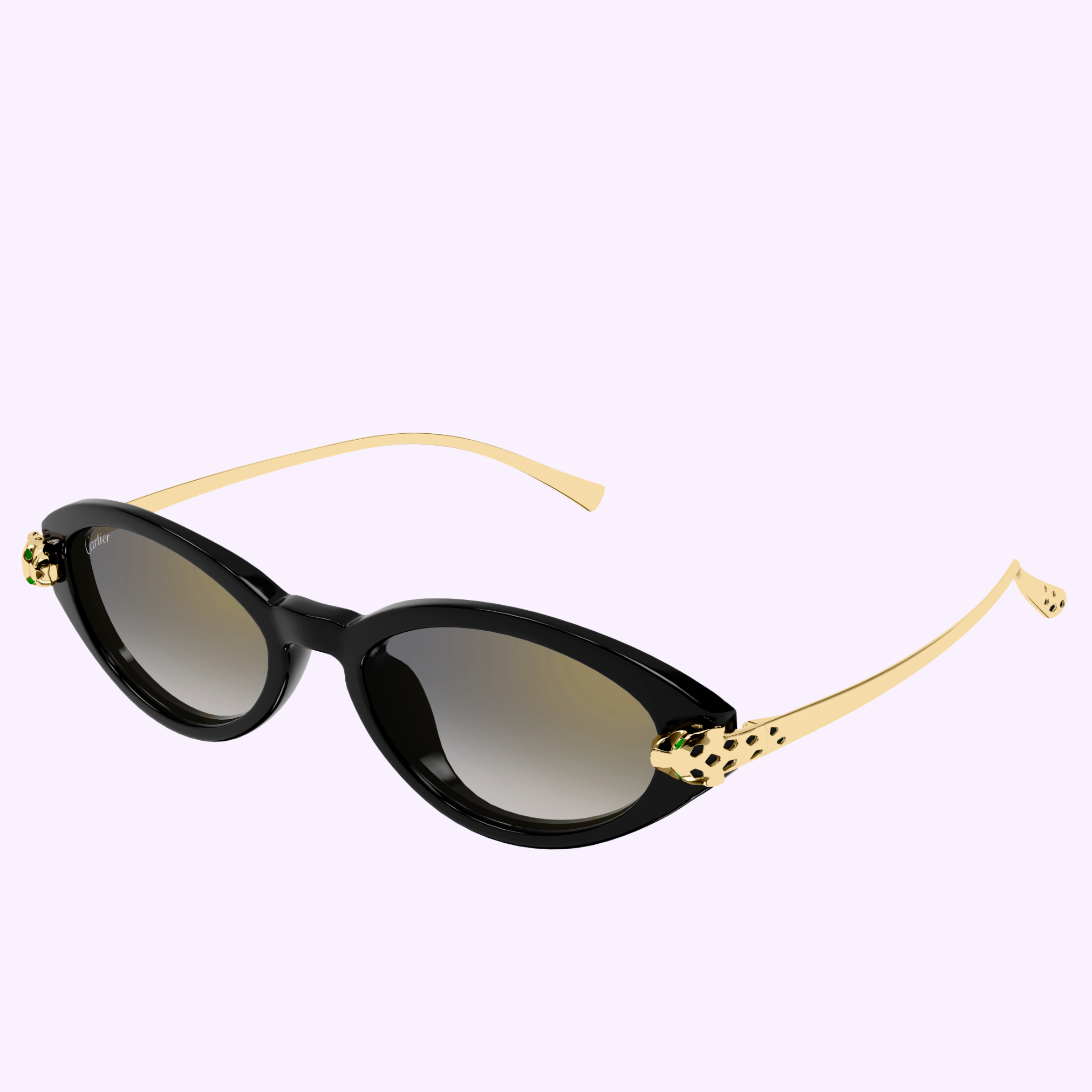 Cartier Sunglasses CT0634S-001 52 by Cartier Sunglasses feature cat-eye black frames, gold arms, and black spotted accents near the hinges, set against a light purple background for a sleek, luxurious look.