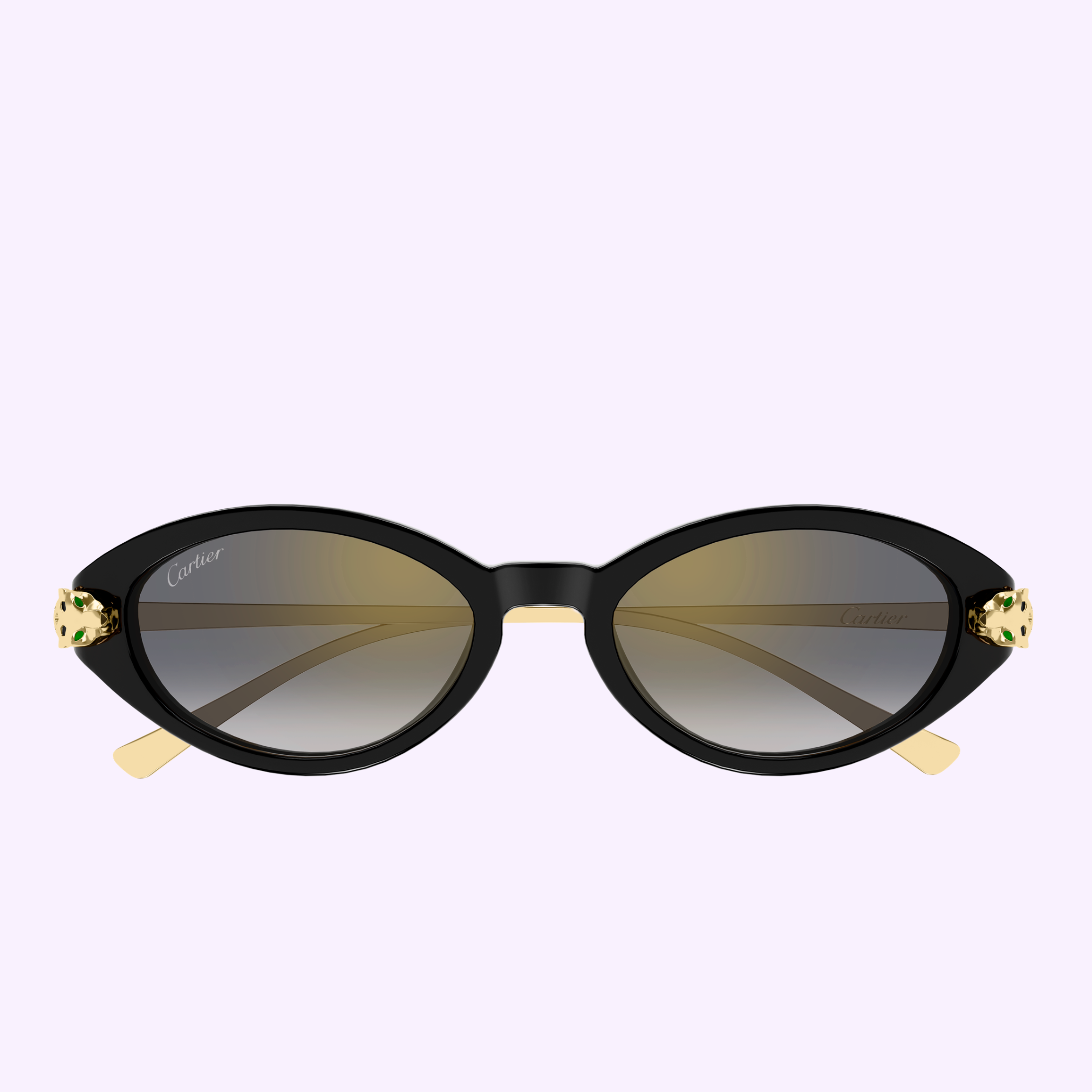 Cartier Sunglasses CT0634S-001 52 feature a black oval frame with gold-accented corners and gradient lenses, elegantly presented on a light purple background.